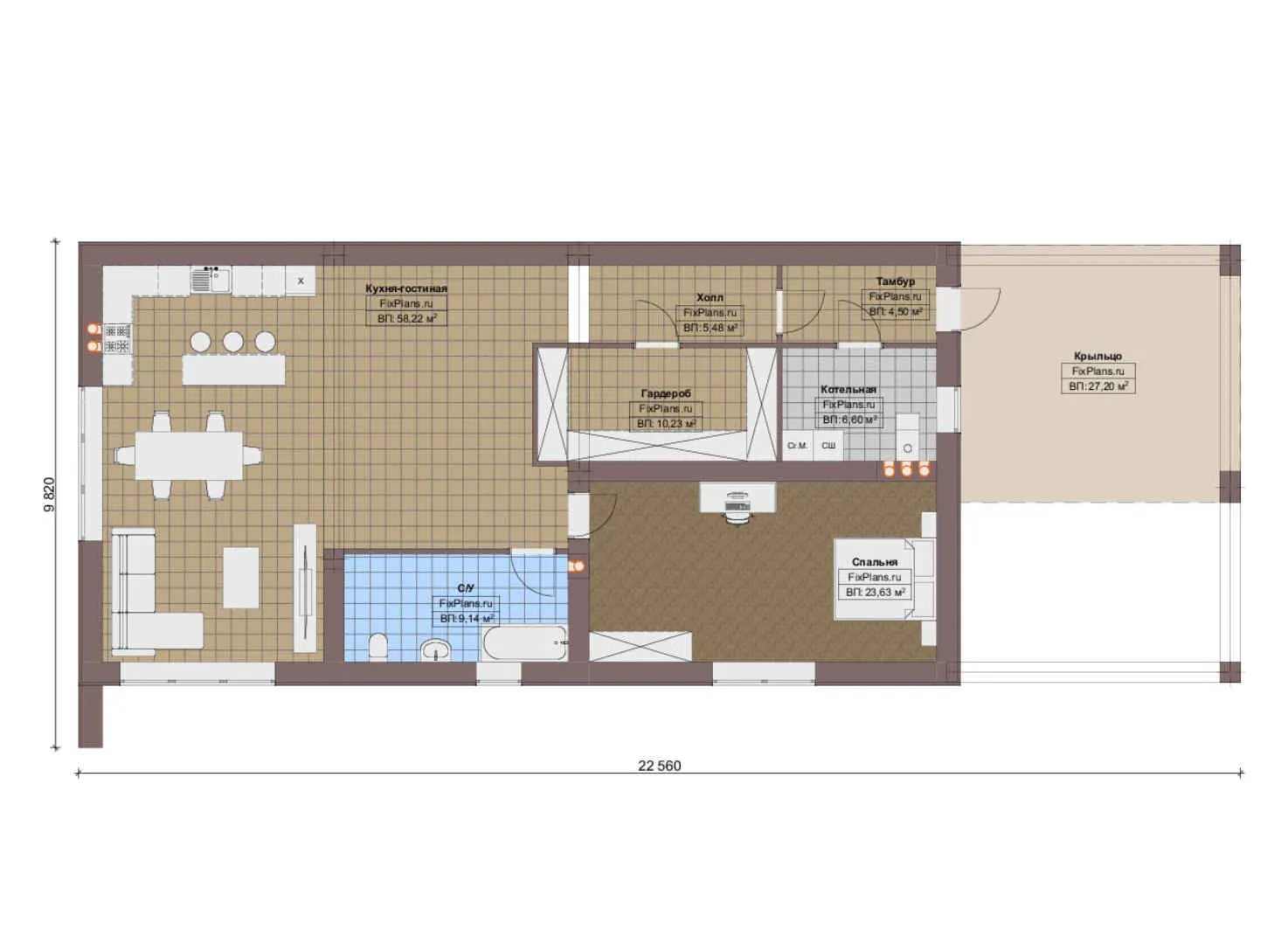 F-19304 - План одноэтажного дома 10 на 23, площадью 150 м² с 1 спальнями