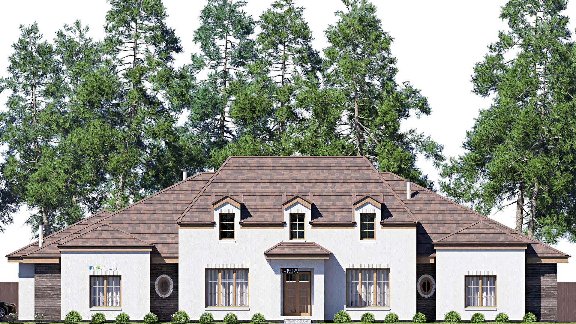 F-19925 - План одноэтажного дома 31 на 31, площадью 470 м² с террасой, гаражом на 2 машины и 4 спальнями