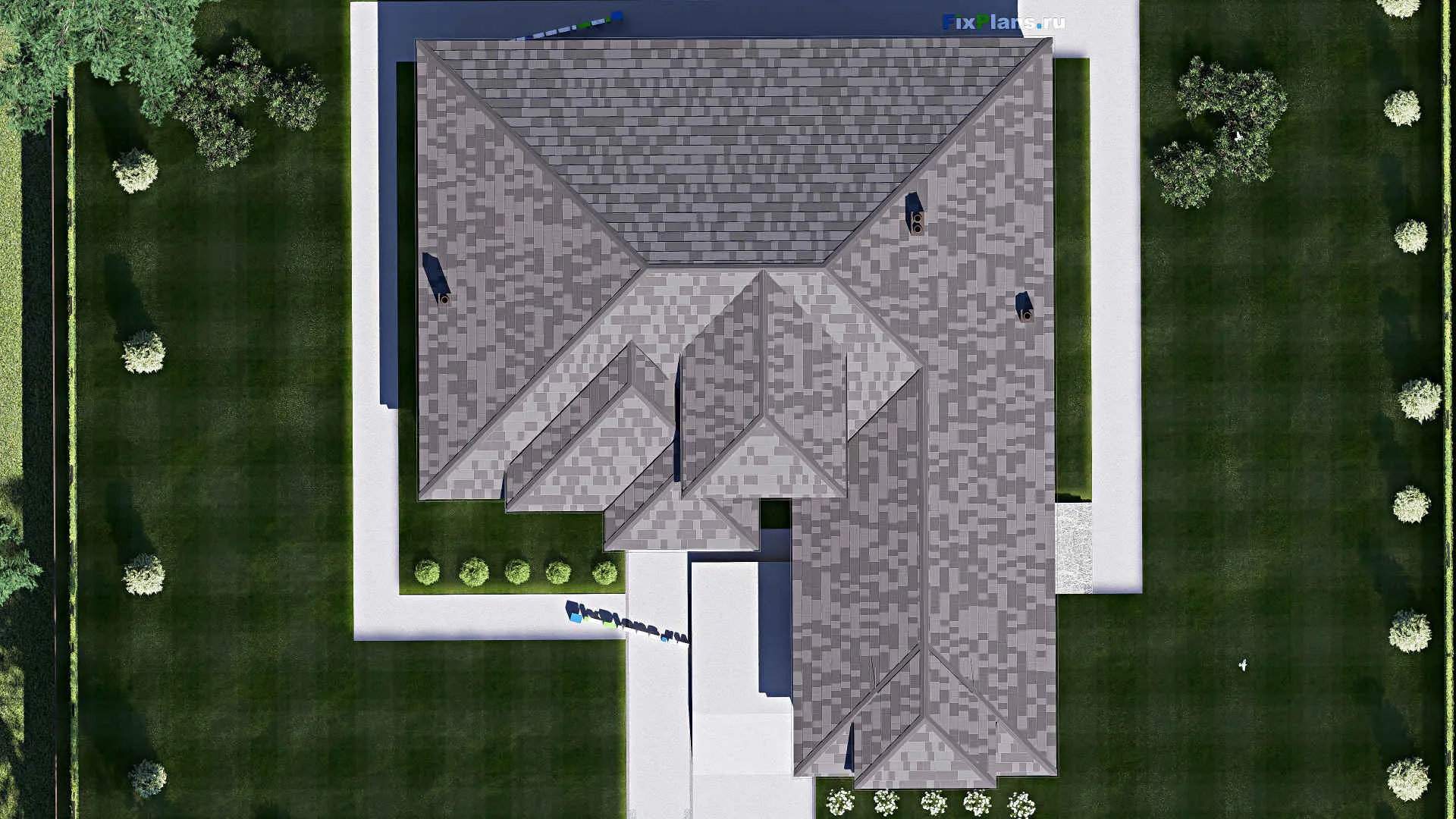 F-17297 - Проект одноэтажного дома 20 на 24, площадью 300 м² с террасой, гаражом на 2 машины и 4 спальнями