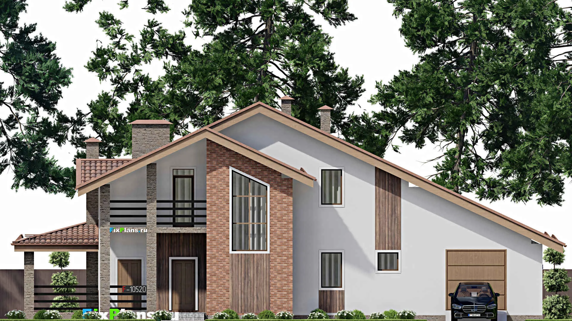 F-10520 - Планы дома с мансардой 14 на 22, площадью 270 м² с террасой, балконом, гаражом на 2 машины и 4 спальнями