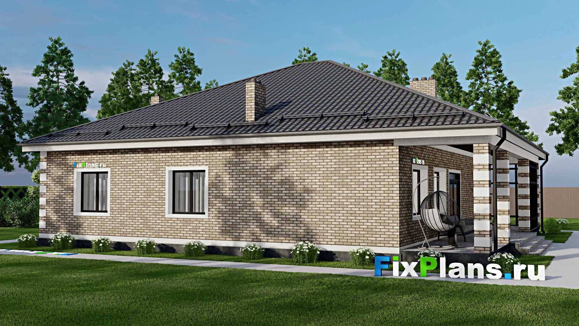 F-2420 - Проект одноэтажного дома 15 на 16, площадью 220 м² с террасой и 3 спальнями