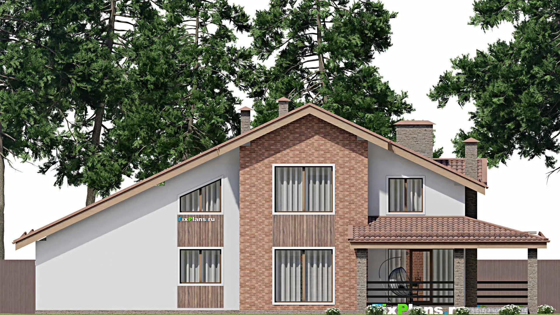 F-10520 - Планы дома с мансардой 14 на 22, площадью 270 м² с террасой, балконом, гаражом на 2 машины и 4 спальнями