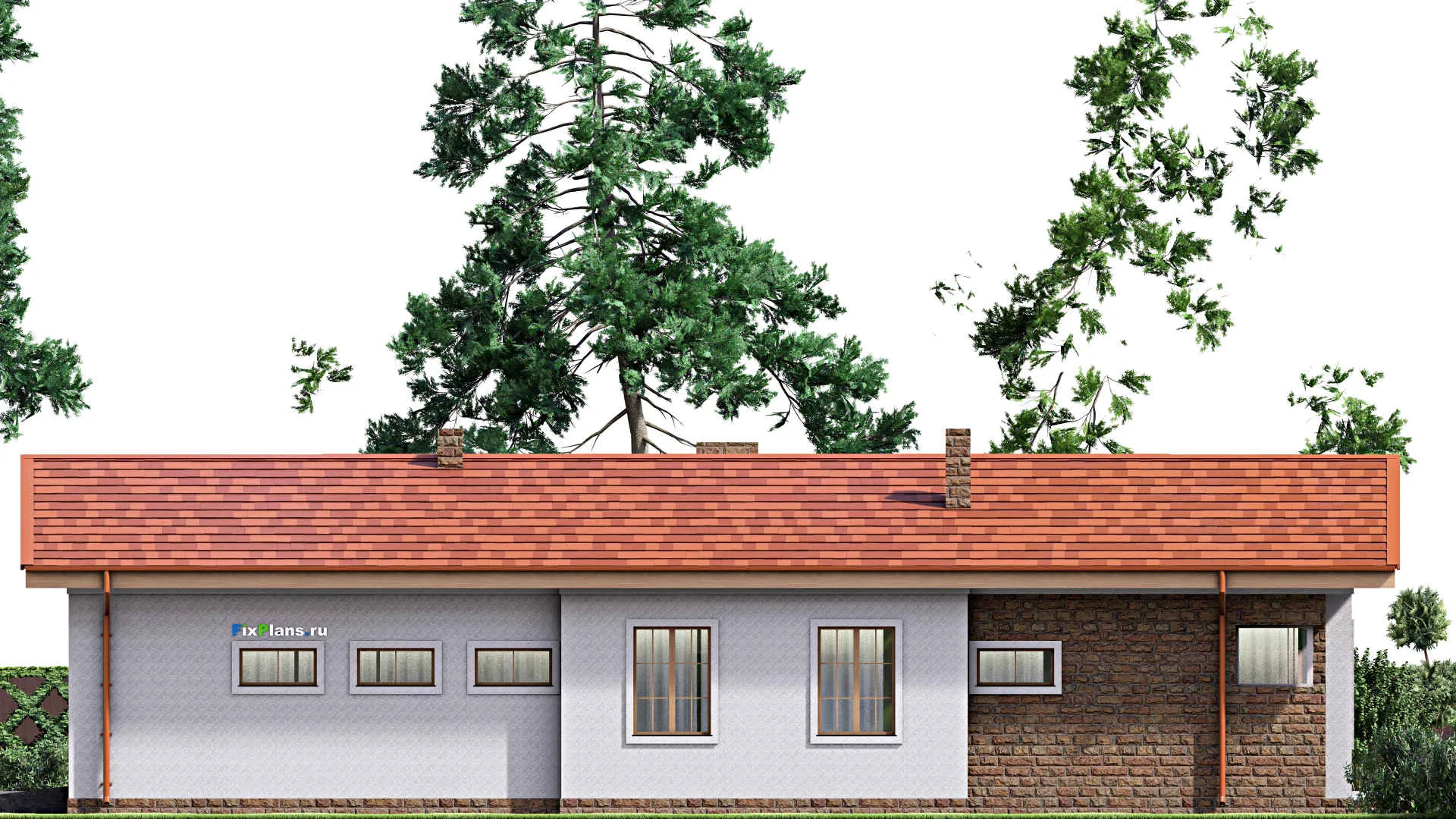 F-15893 - Проект одноэтажного дома 21 на 23, площадью 300 м² с террасой, гаражом на 1 машину и 3 спальнями