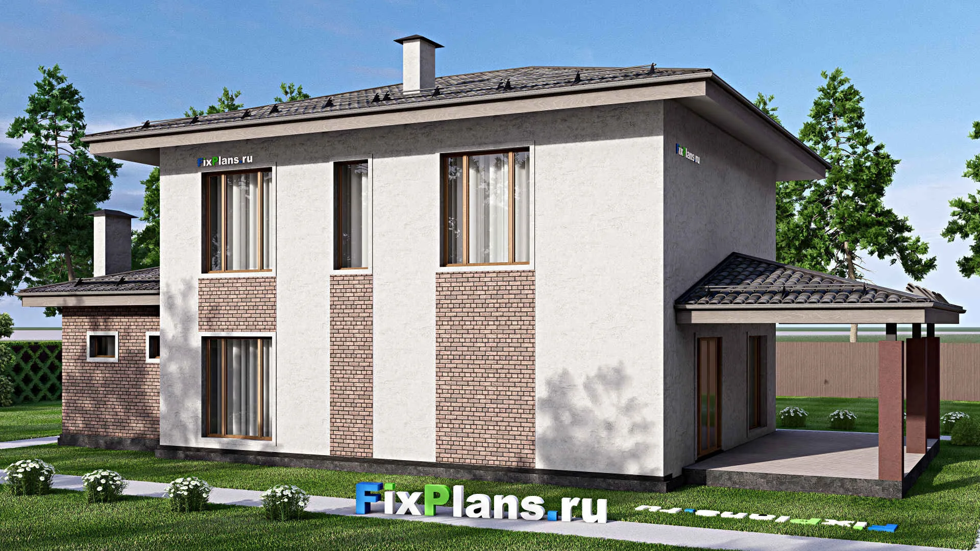 F-12671 - Планы двухэтажного дома 13 на 20, площадью 240 м² с террасой, гаражом на 1 машину и 4 спальнями