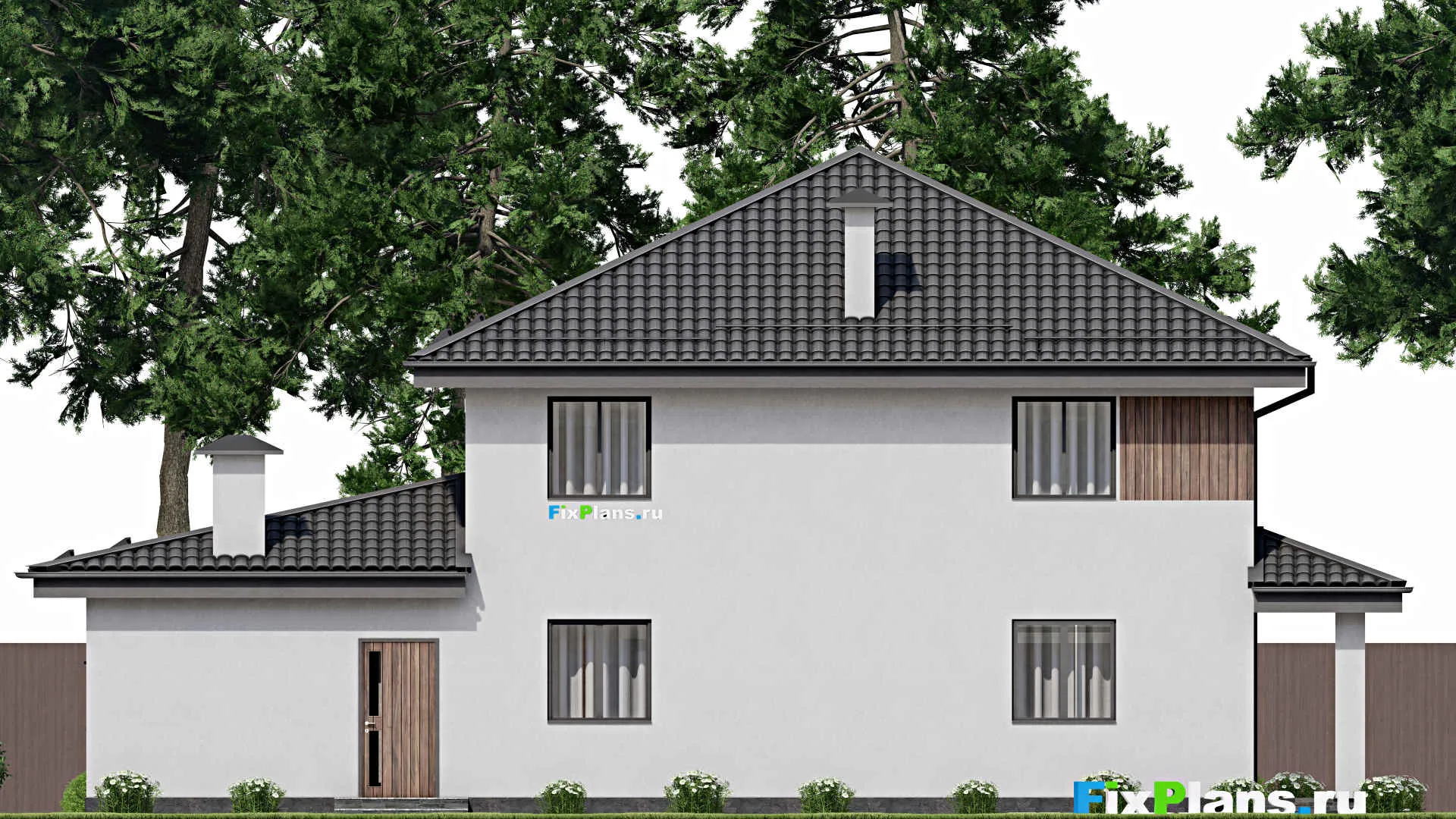 F-2807 - Проект двухэтажного дома 12 на 16, площадью 230 м² с террасой, балконом, гаражом на 1 машину и 6 спальнями