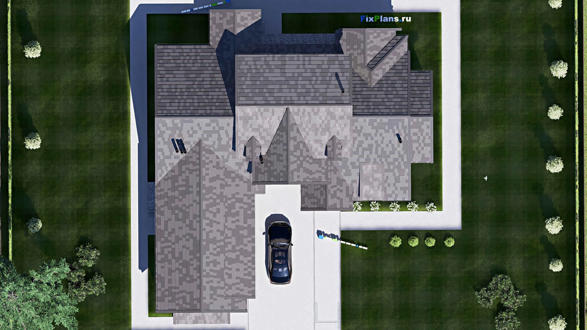 F-20366 - Проект дома с мансардой 23 на 25, площадью 340 м² с террасой, гаражом на 2 машины и 4 спальнями