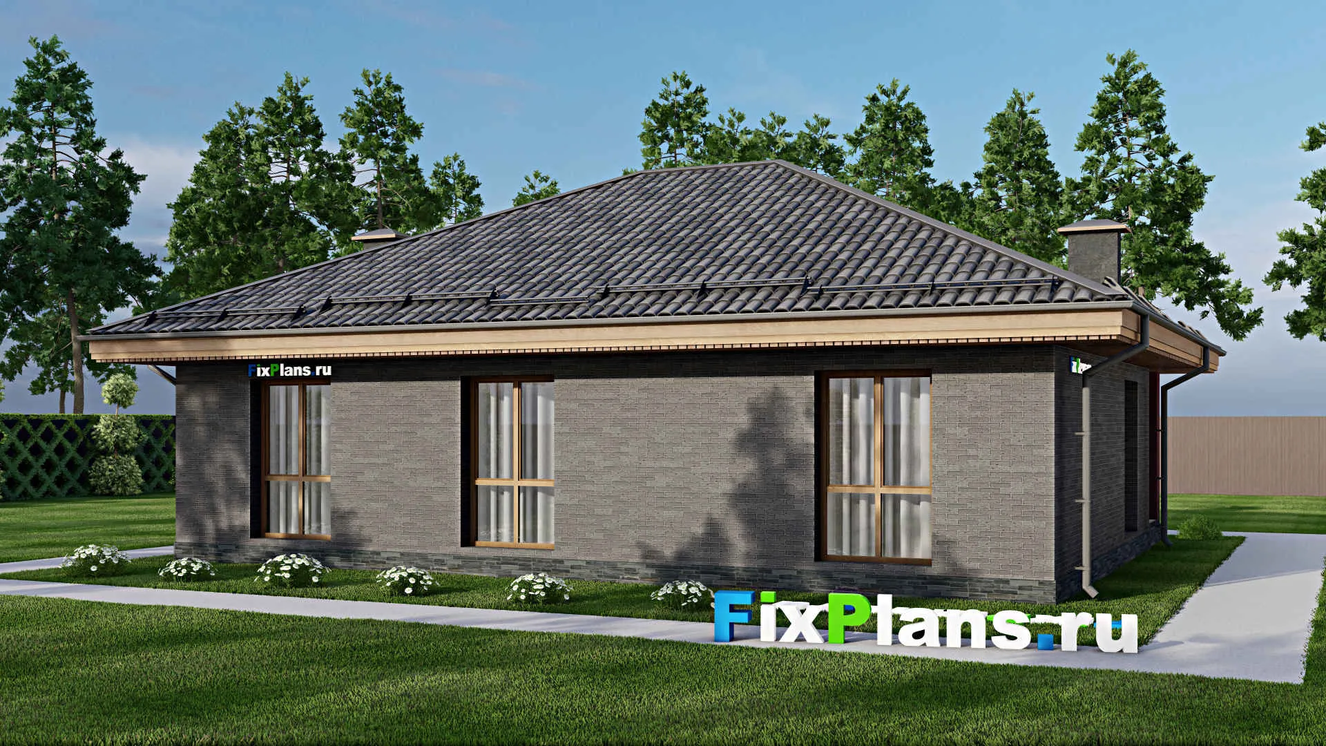 F-7874 - Проект одноэтажного дома 11 на 14, площадью 120 м² с террасой и 3 спальнями