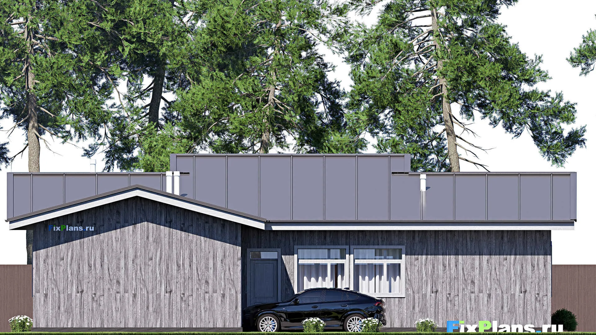 F-20393 - План одноэтажного дома 15 на 18, площадью 180 м² с террасой, гаражом на 1 машину и 3 спальнями