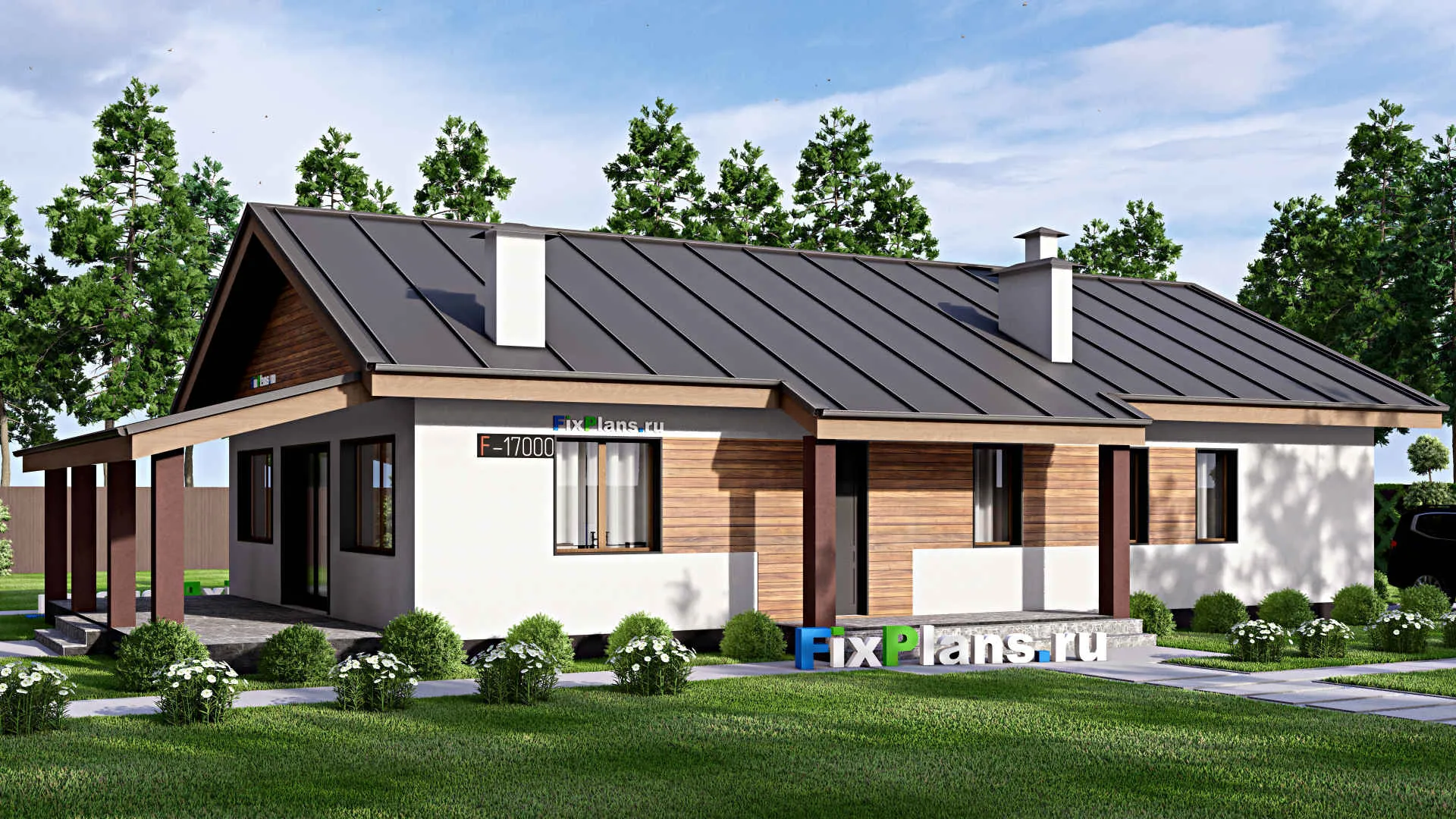 F-17000 - Проект одноэтажного дома 12 на 20, площадью 170 м² с террасой и 3 спальнями