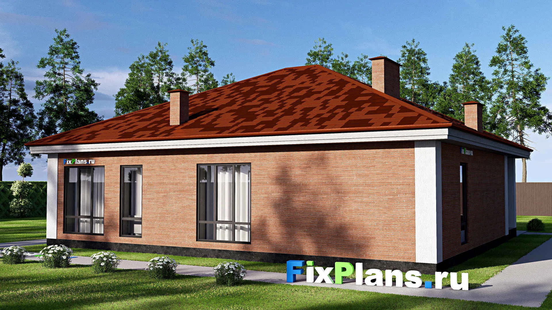 F-18251 - План одноэтажного дома 13 на 15, площадью 150 м² с террасой и 3 спальнями