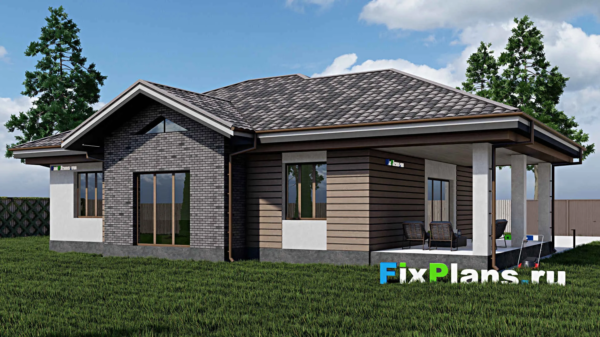 F-0467 - Проект одноэтажного дома 14 на 14, площадью 190 м² с террасой и 5 спальнями