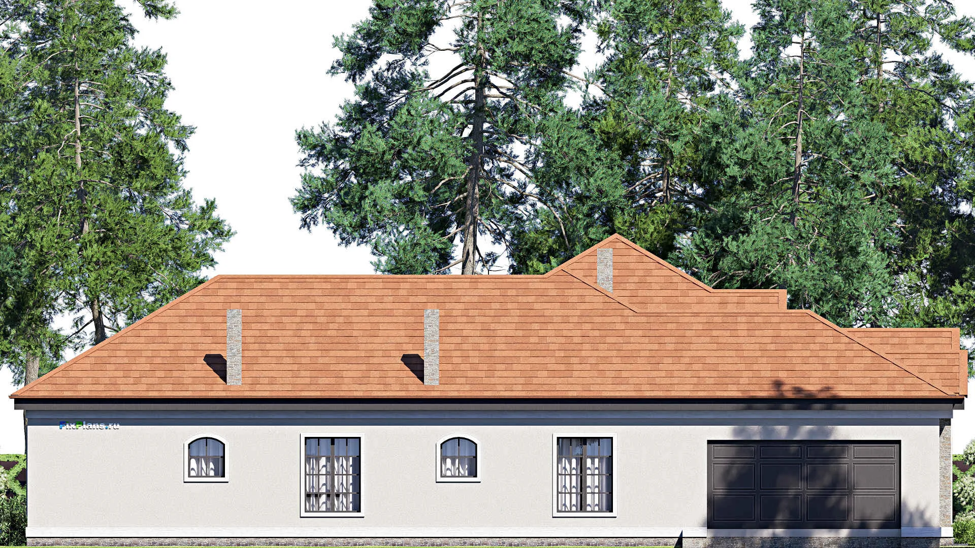 F-17279 - Проект одноэтажного дома 20 на 24, площадью 310 м² с террасой, гаражом на 2 машины и 4 спальнями