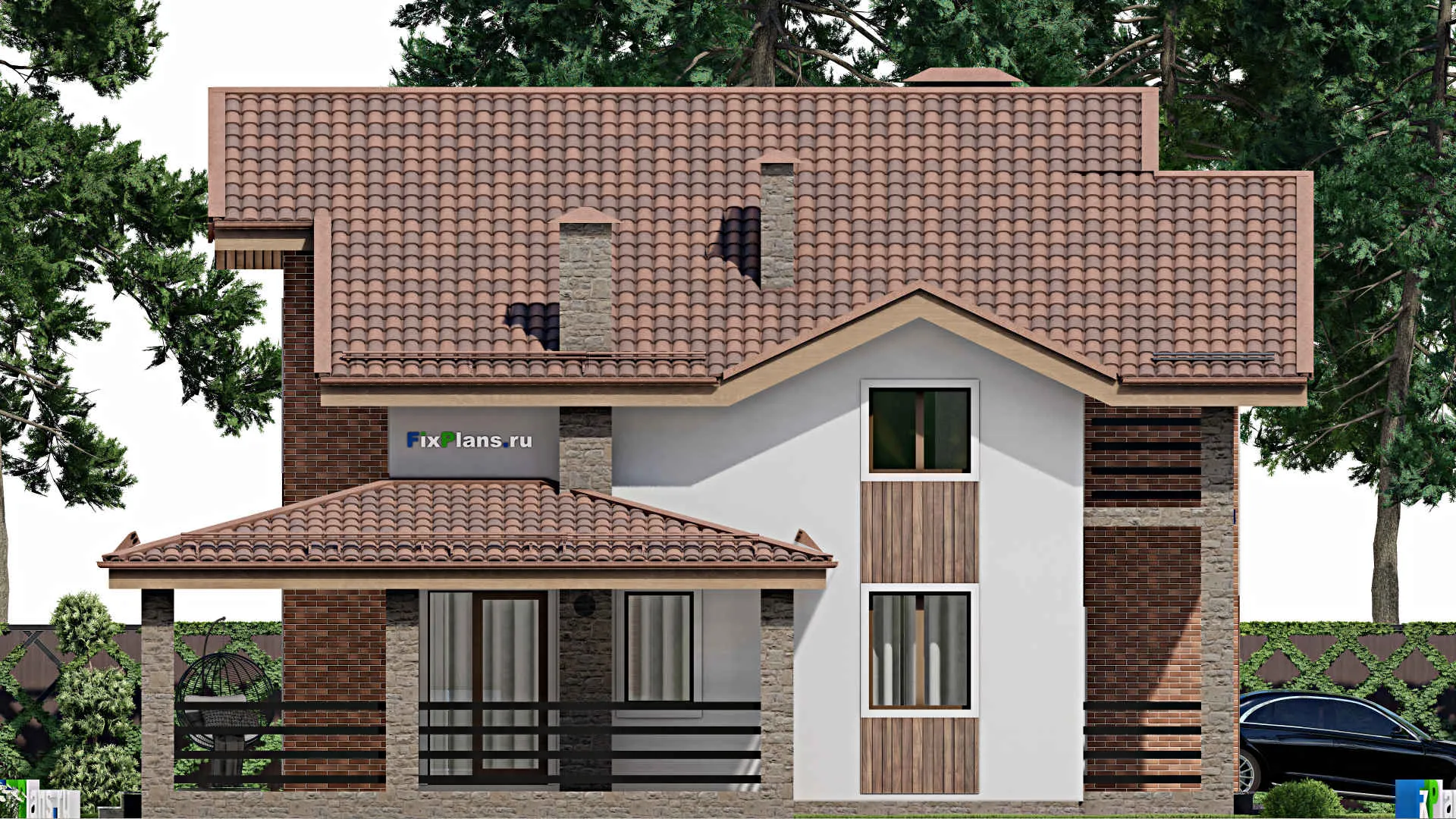 F-10520 - Планы дома с мансардой 14 на 22, площадью 270 м² с террасой, балконом, гаражом на 2 машины и 4 спальнями