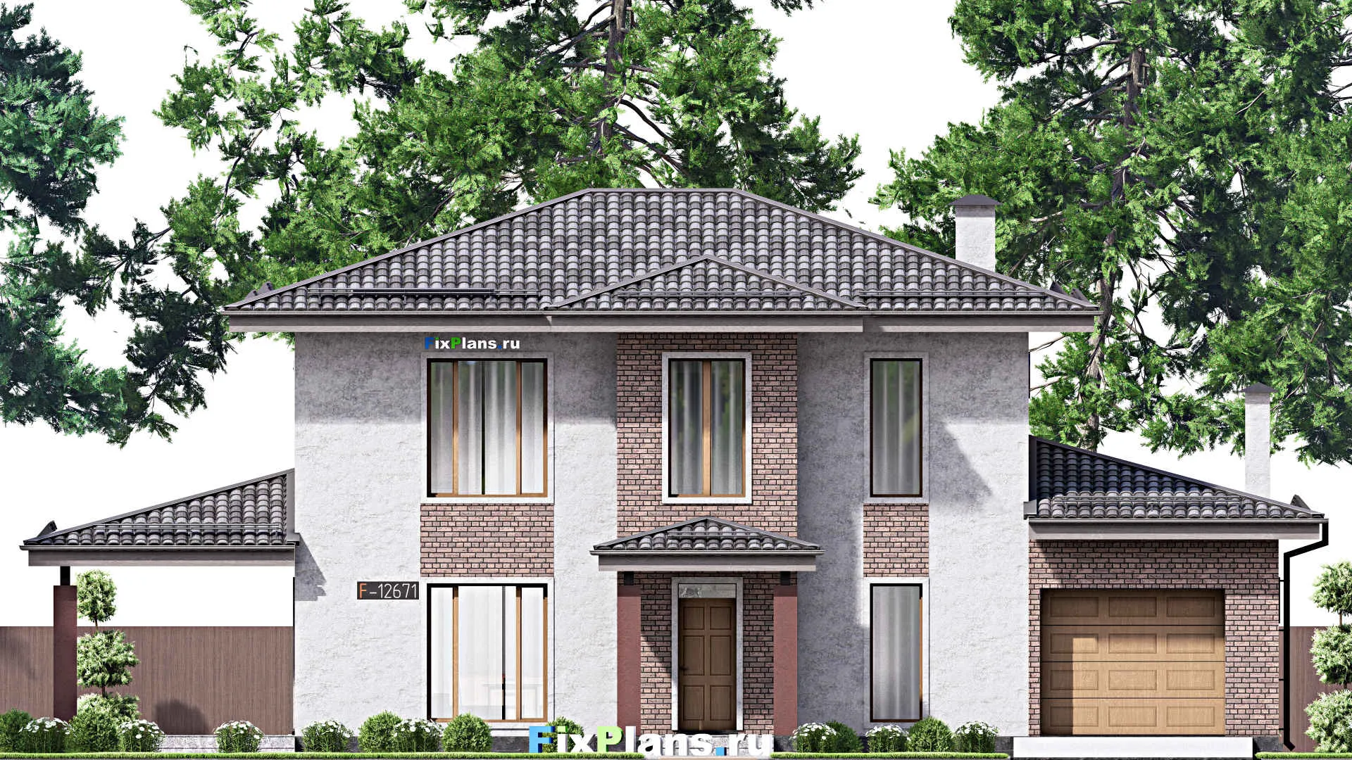 F-12671 - Планы двухэтажного дома 13 на 20, площадью 240 м² с террасой, гаражом на 1 машину и 4 спальнями