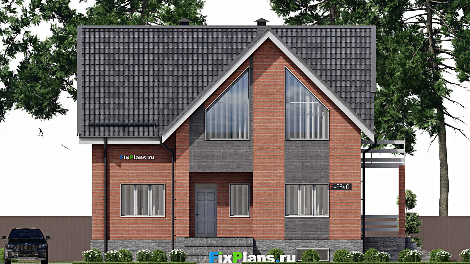 F-5840 - Проект дома с мансардой 11 на 13, площадью 270 м² с террасой, балконом, цокольным этажом и 6 спальнями