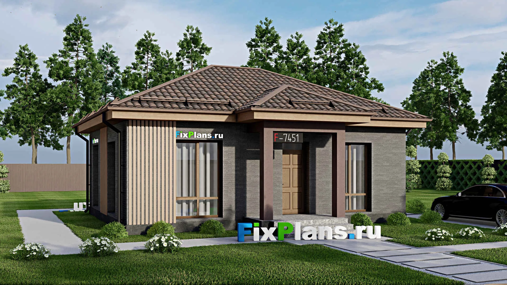 F-7451 - Проект одноэтажного дома 10 на 10, площадью 60 м² с 2 спальнями