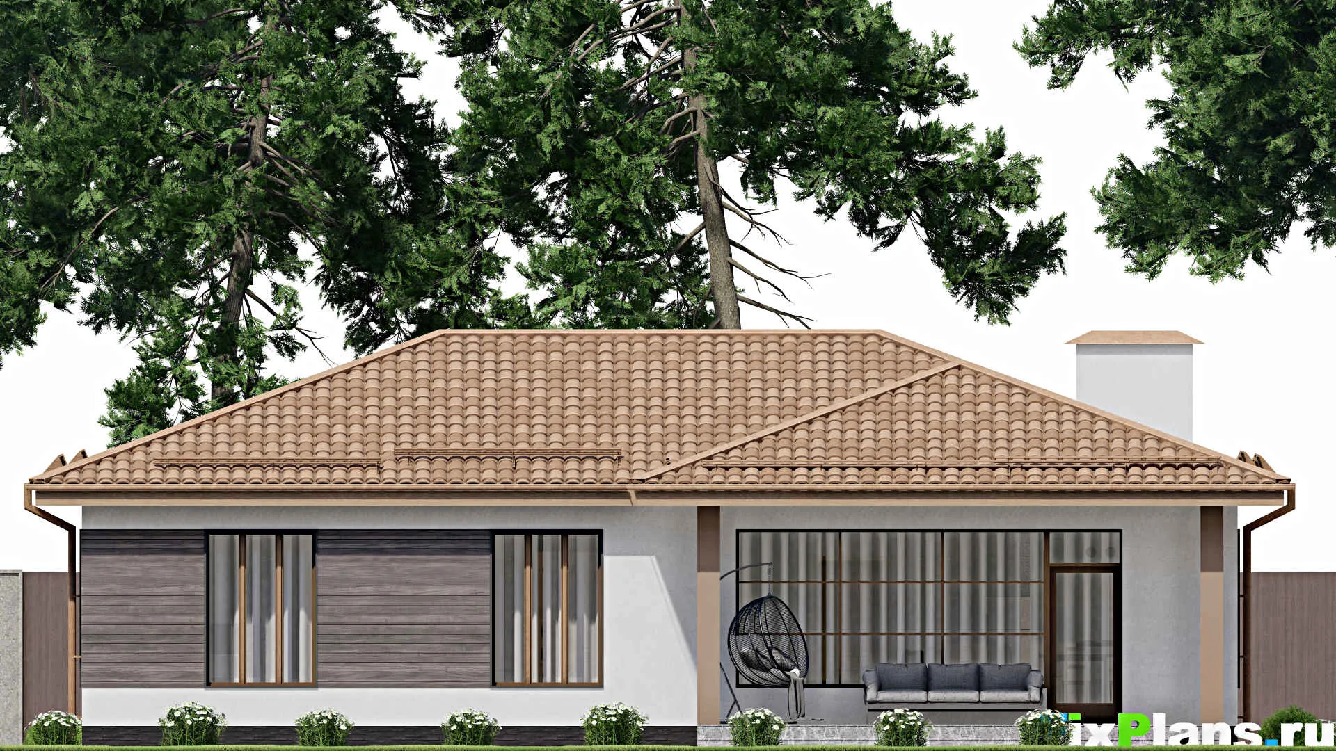 F-10790 - План одноэтажного дома 14 на 16, площадью 130 м² с террасой и 3 спальнями