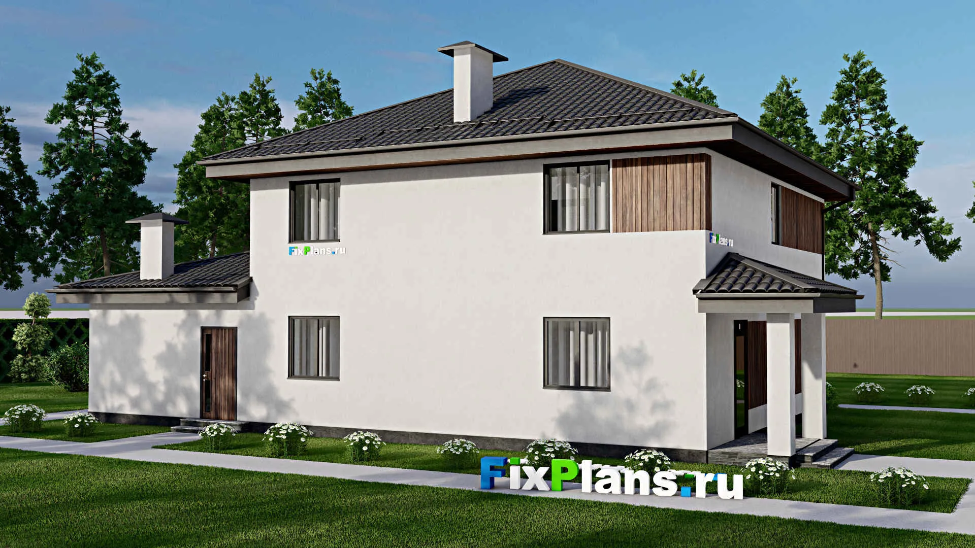 F-2807 - Проект двухэтажного дома 12 на 16, площадью 230 м² с террасой, балконом, гаражом на 1 машину и 6 спальнями