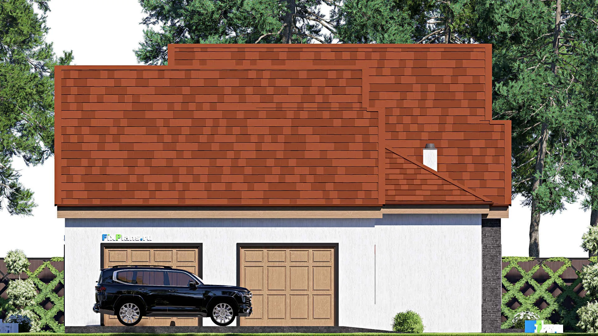 F-17288 - Проект дома с мансардой 15 на 23, площадью 260 м² с террасой, гаражом на 2 машины и 3 спальнями