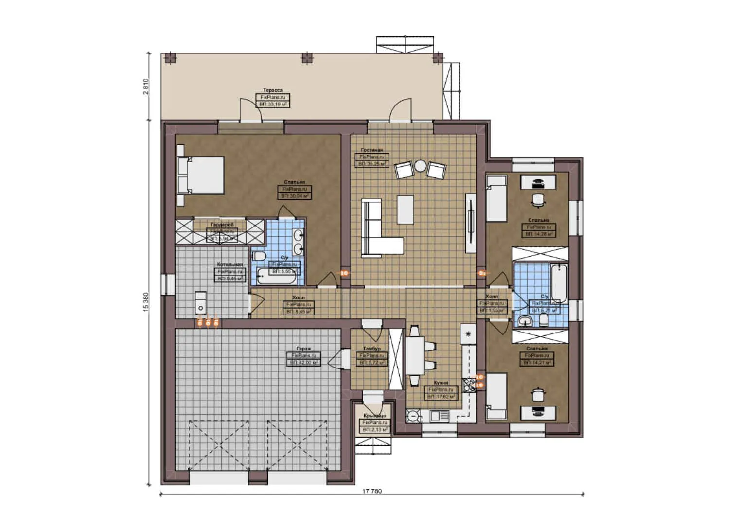 F-6551 - План одноэтажного дома 16 на 18, площадью 230 м² с террасой, гаражом на 2 машины и 3 спальнями