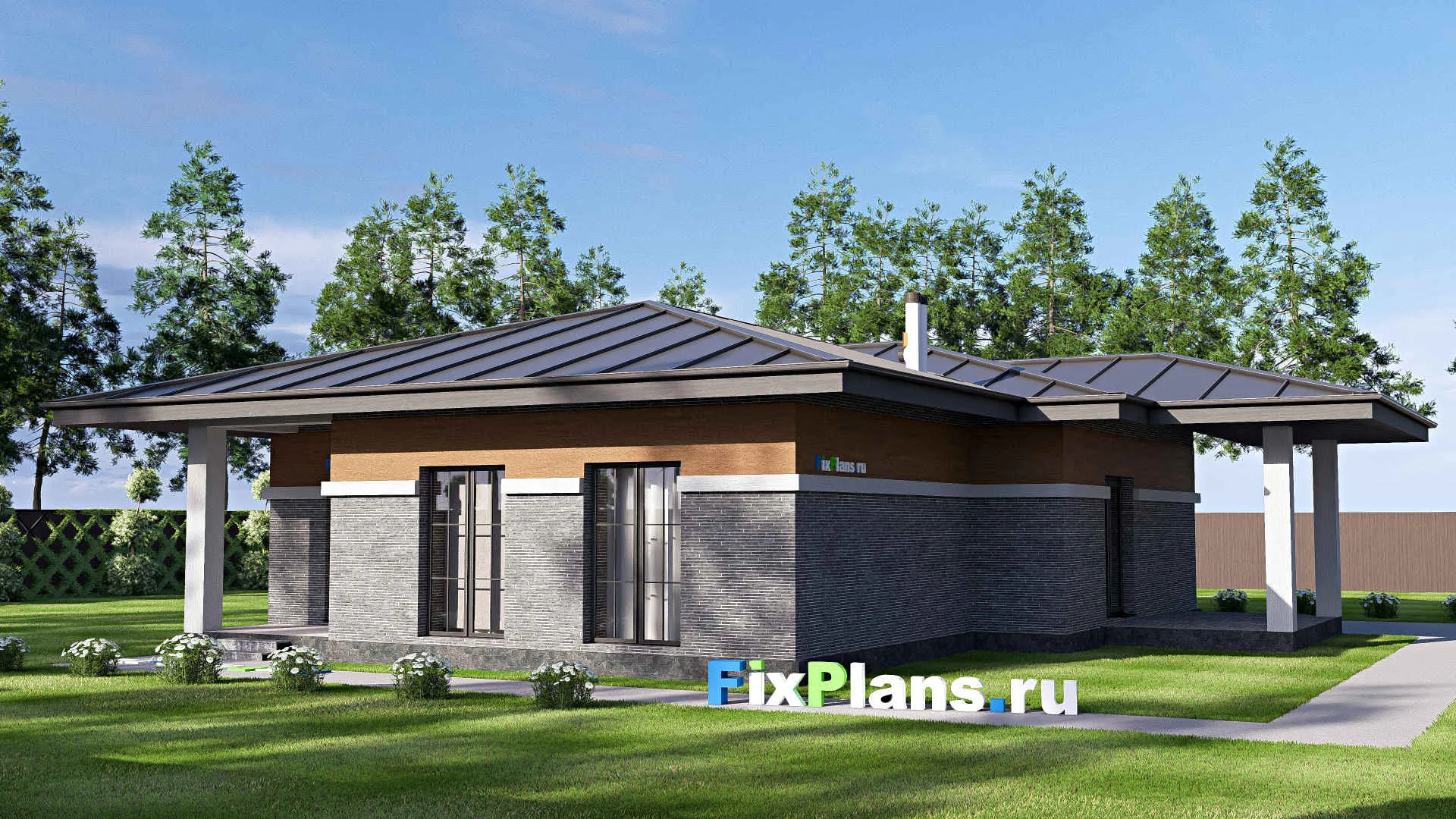 F-19790 - План одноэтажного дома 15 на 16, площадью 160 м² с террасой и 3 спальнями