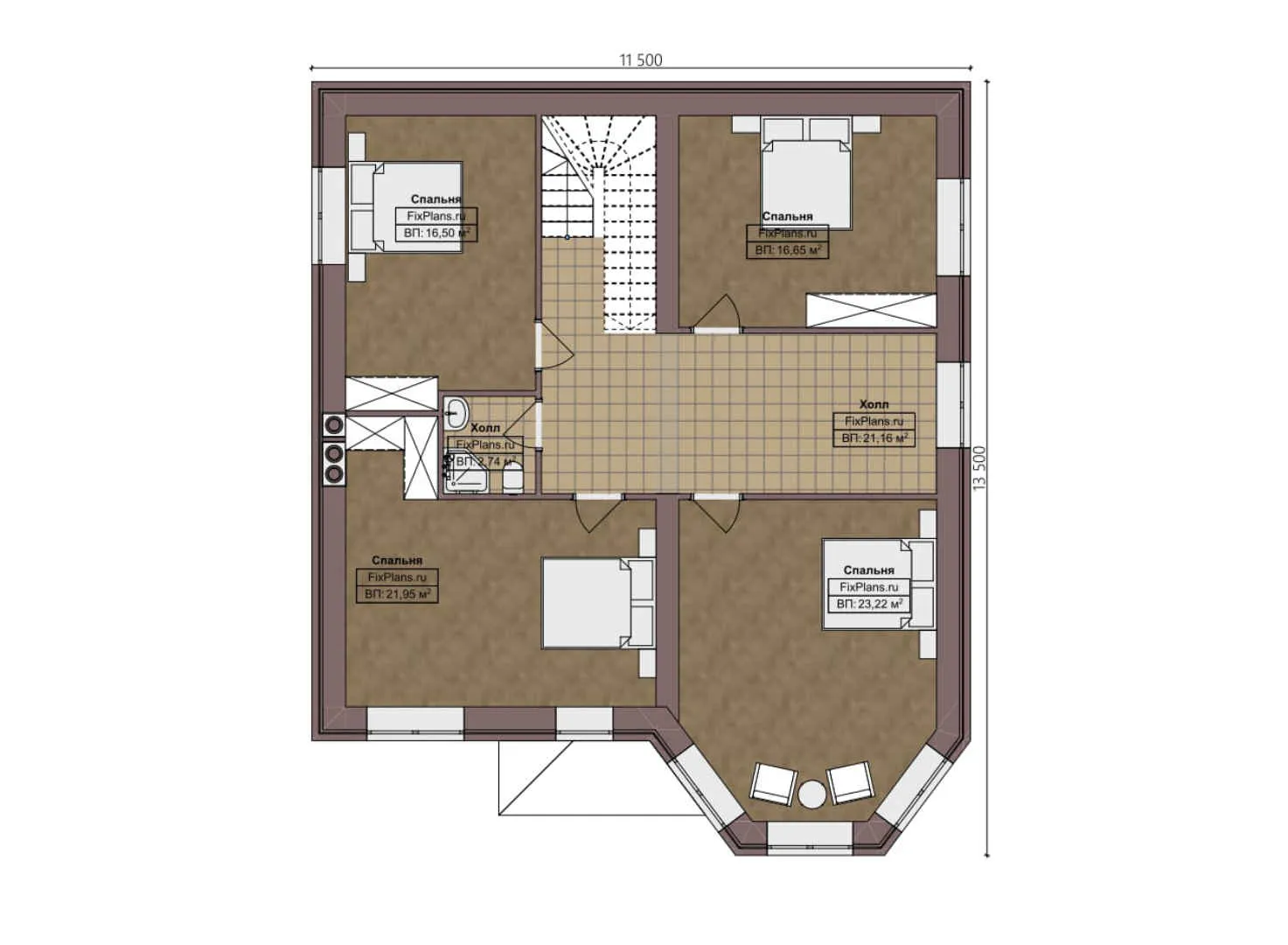 F-3401 - Планы двухэтажного дома 12 на 14, площадью 210 м² с 6 спальнями