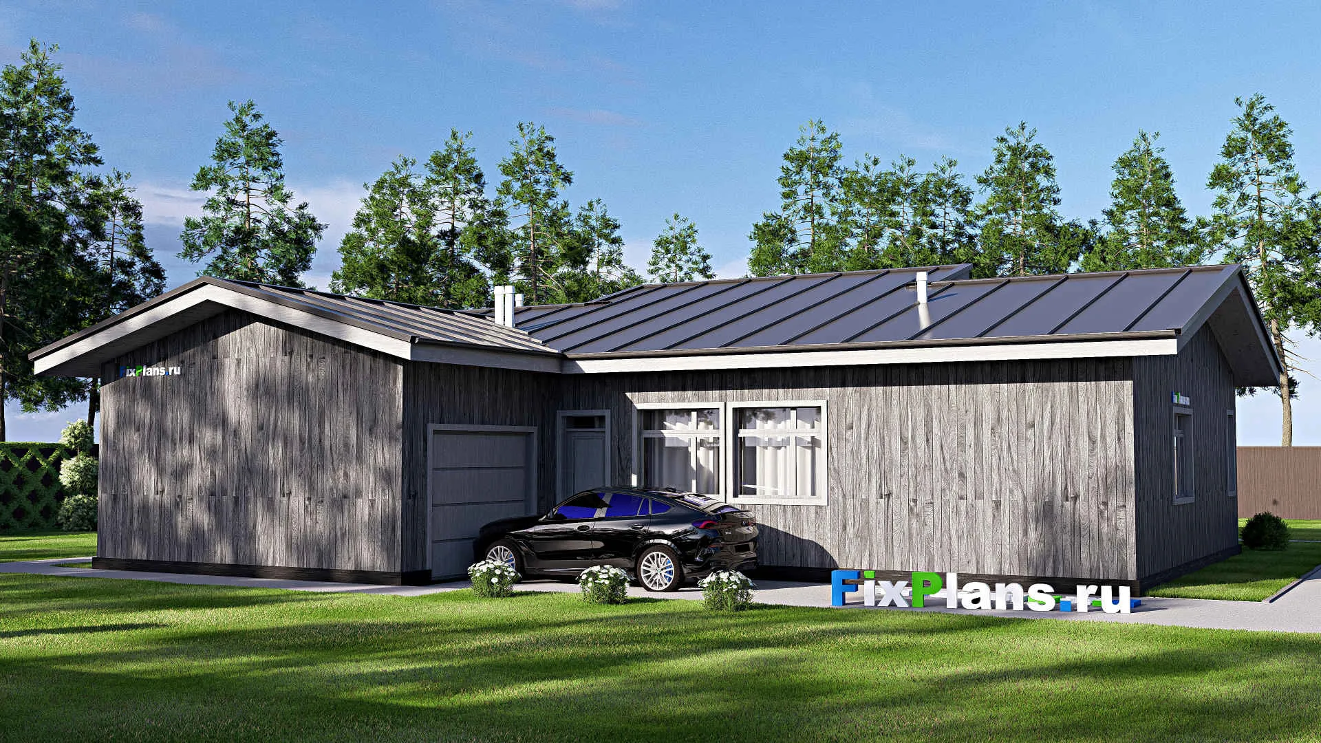 F-20393 - План одноэтажного дома 15 на 18, площадью 180 м² с террасой, гаражом на 1 машину и 3 спальнями