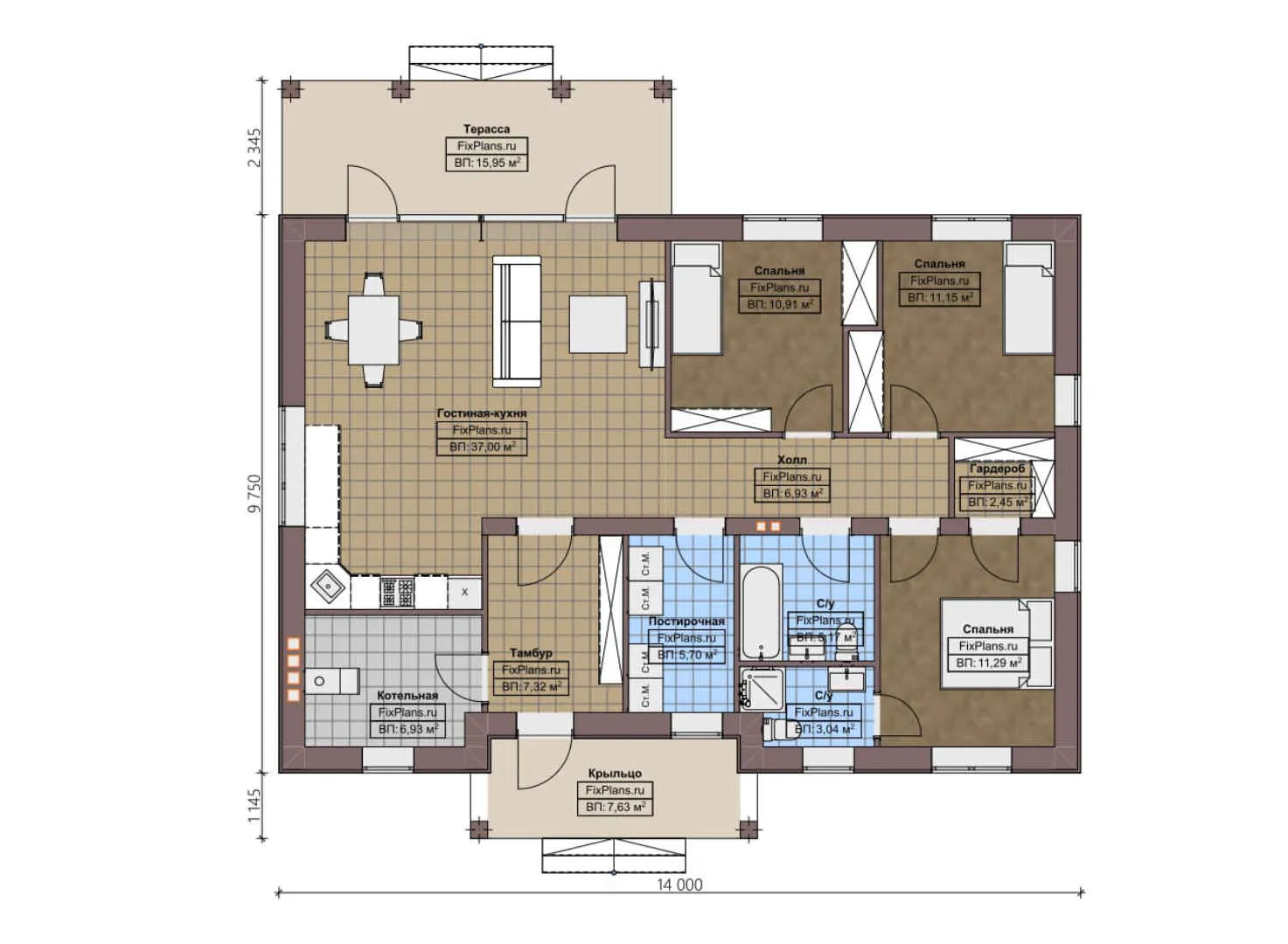 F-4544 - План одноэтажного дома 10 на 14, площадью 140 м² с террасой и 3 спальнями