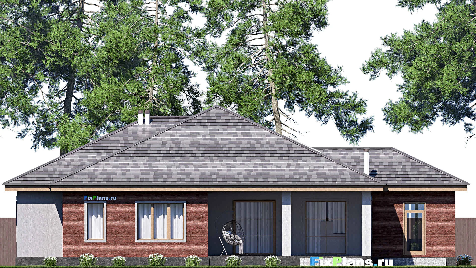 F-18197 - Проект одноэтажного дома 17 на 21, площадью 250 м² с террасой и 5 спальнями