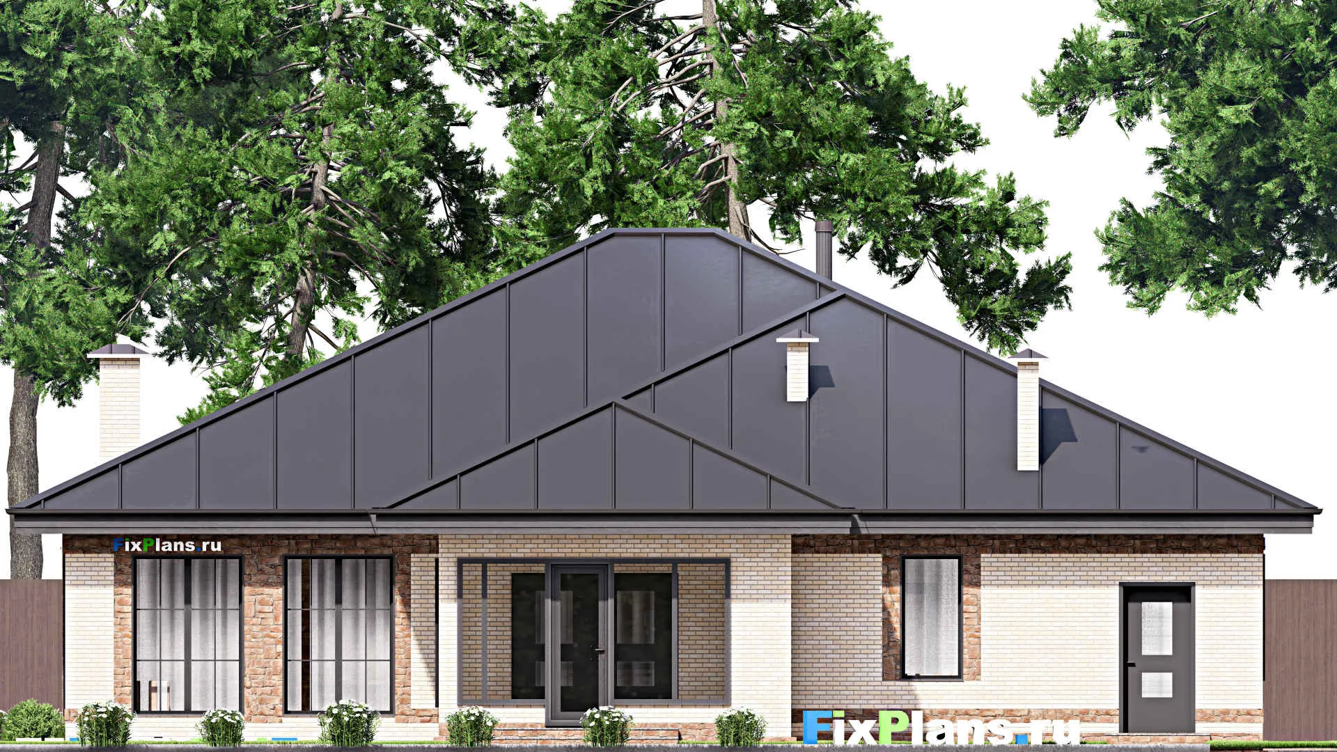 F-13958 - Проект одноэтажного дома 17 на 21, площадью 210 м² с террасой, гаражом на 2 машины и 3 спальнями