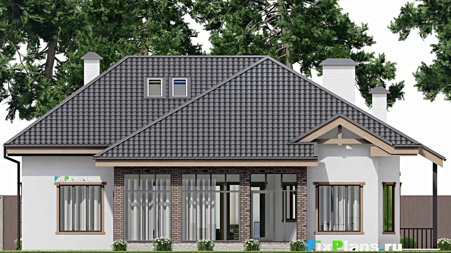 F-10223 - Проект дома с мансардой 18 на 18, площадью 340 м² с террасой, цокольным этажом и 3 спальнями