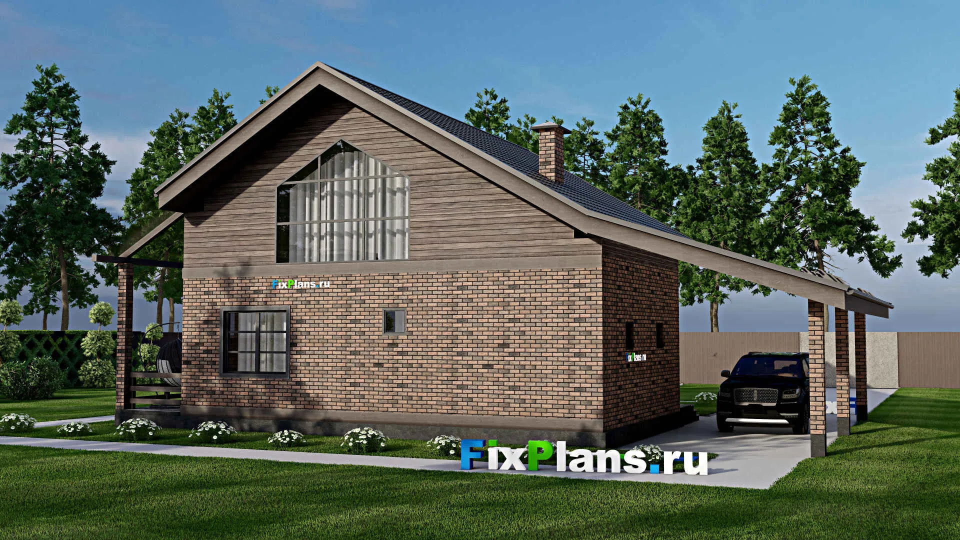 F-3950 - Проект дома с мансардой 10 на 11, площадью 140 м² с террасой, балконом, навесом для машины и 3 спальнями