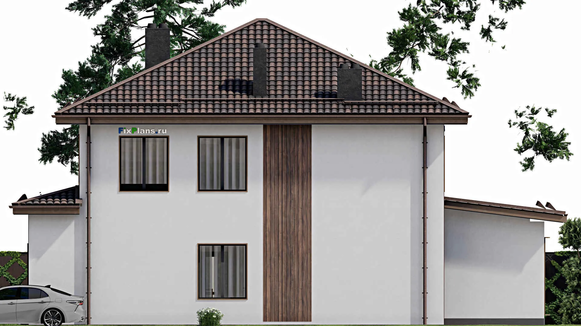 F-3941 - Проект двухэтажного дома 12 на 17, площадью 230 м² с террасой, баней и 4 спальнями