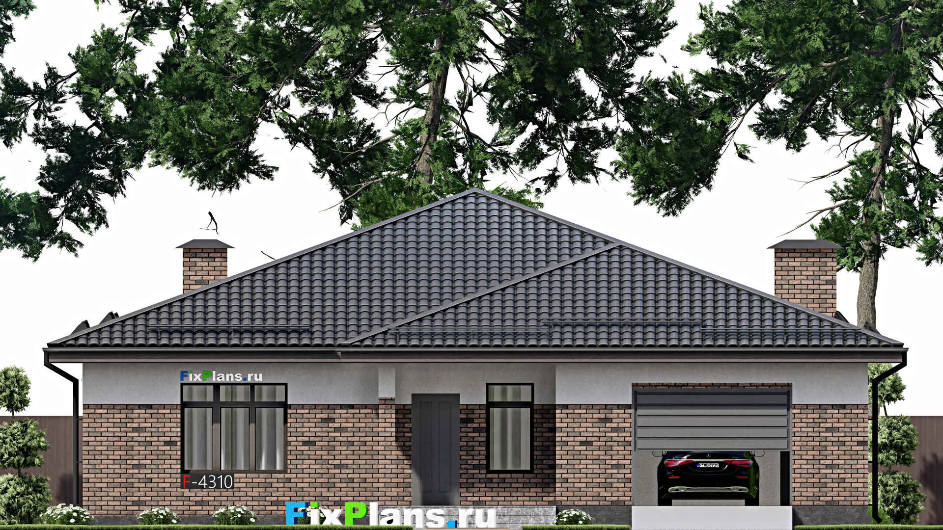 F-4310 - План одноэтажного дома 15 на 18, площадью 230 м² с террасой, баней, гаражом на 1 машину и 3 спальнями