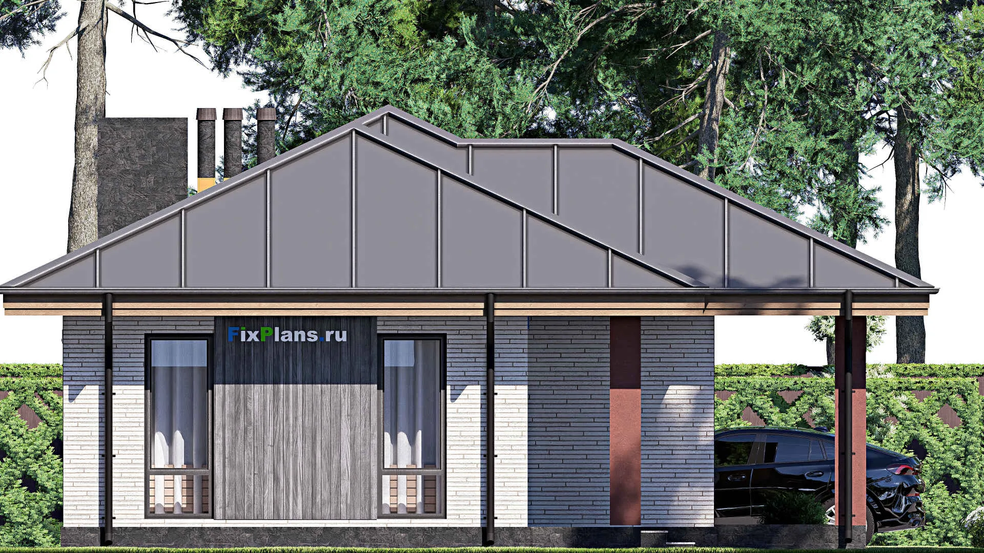 F-18089 - Проект одноэтажного дома 11 на 17, площадью 120 м² с террасой и 2 спальнями