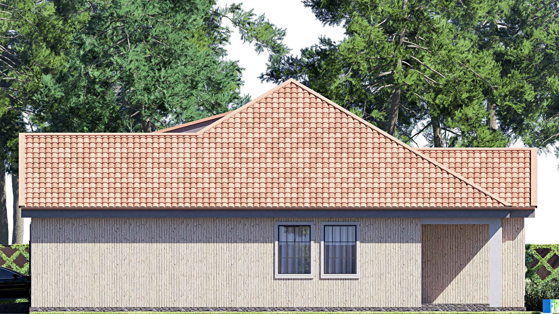 F-20150 - Проект одноэтажного дома 18 на 20, площадью 270 м² с террасой, гаражом на 2 машины и 2 спальнями