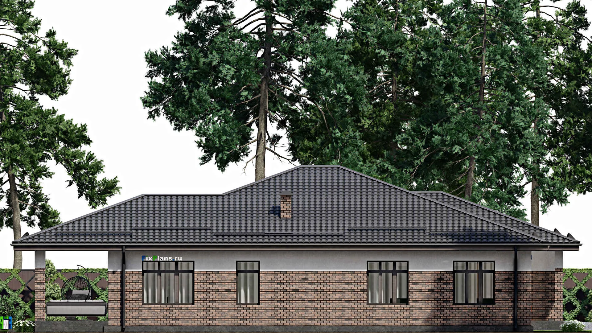 F-4310 - План одноэтажного дома 15 на 18, площадью 230 м² с террасой, баней, гаражом на 1 машину и 3 спальнями