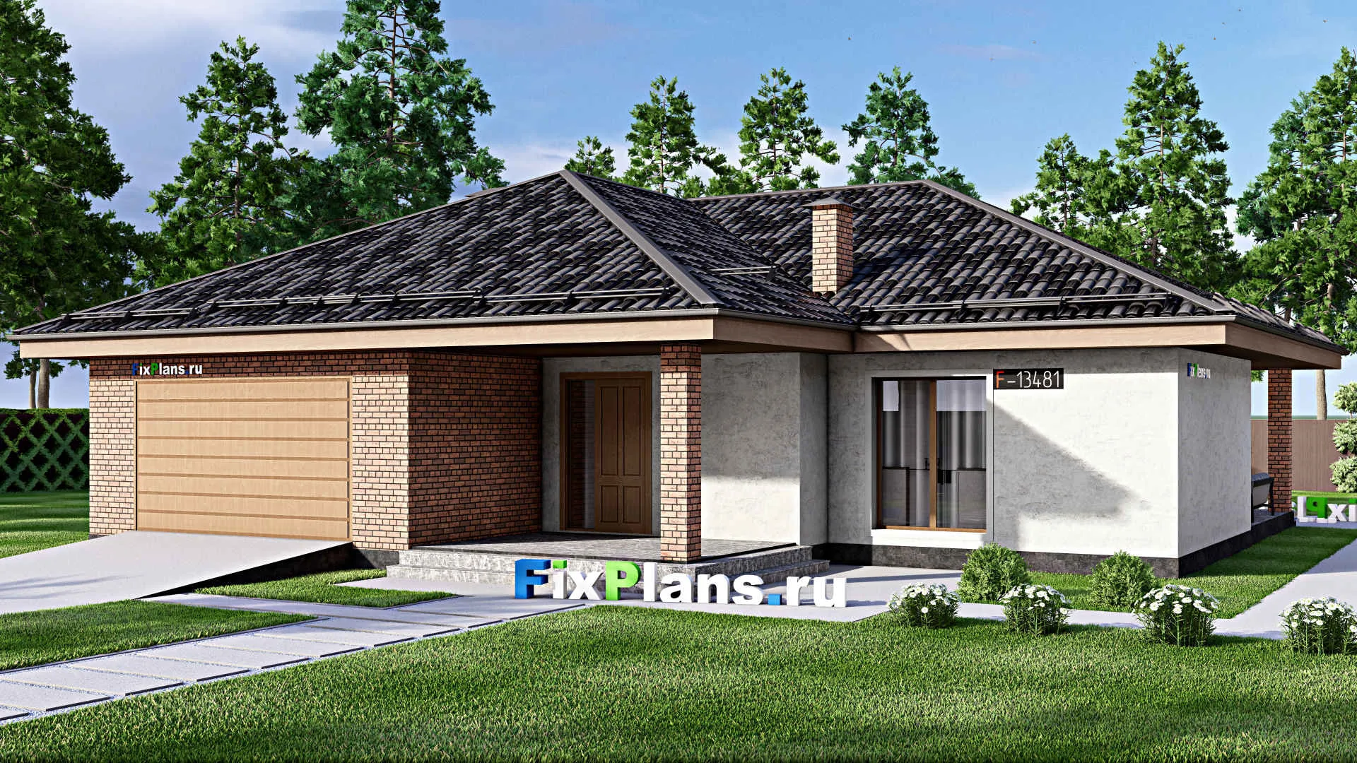 F-13481 - Проект одноэтажного дома 17 на 20, площадью 230 м² с террасой, гаражом на 2 машины и 3 спальнями