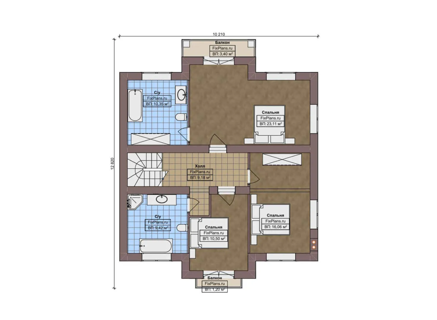F-12338 - Планы двухэтажного дома 13 на 17, площадью 220 м² с террасой, балконом, гаражом на 2 машины и 3 спальнями