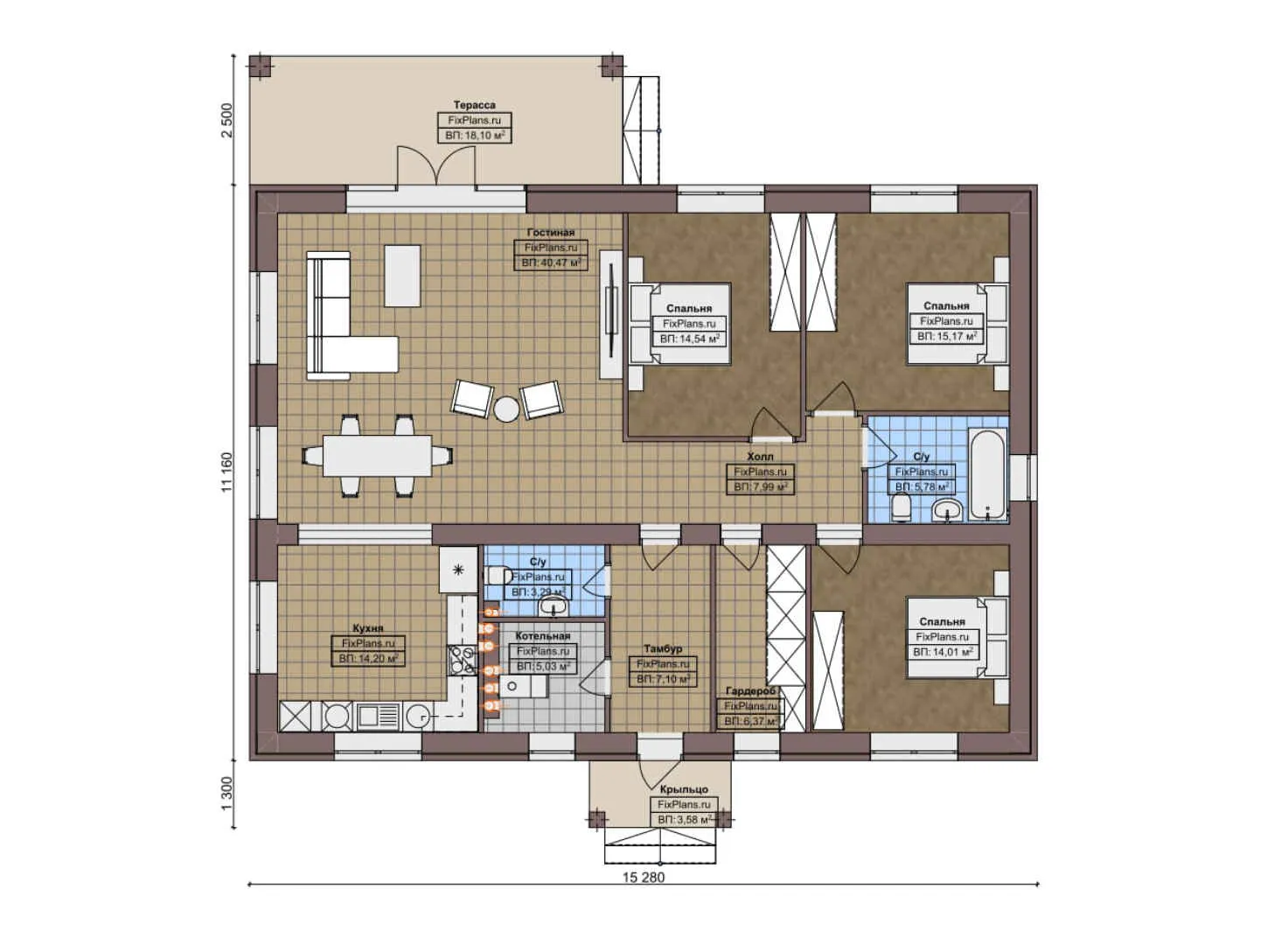 F-8126 - План одноэтажного дома 12 на 16, площадью 160 м² с террасой и 3 спальнями