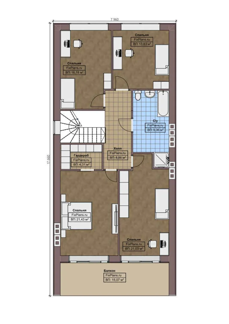 F-1538 - Планы дома с мансардой 8 на 18, площадью 230 м² с террасой, балконом и 4 спальнями