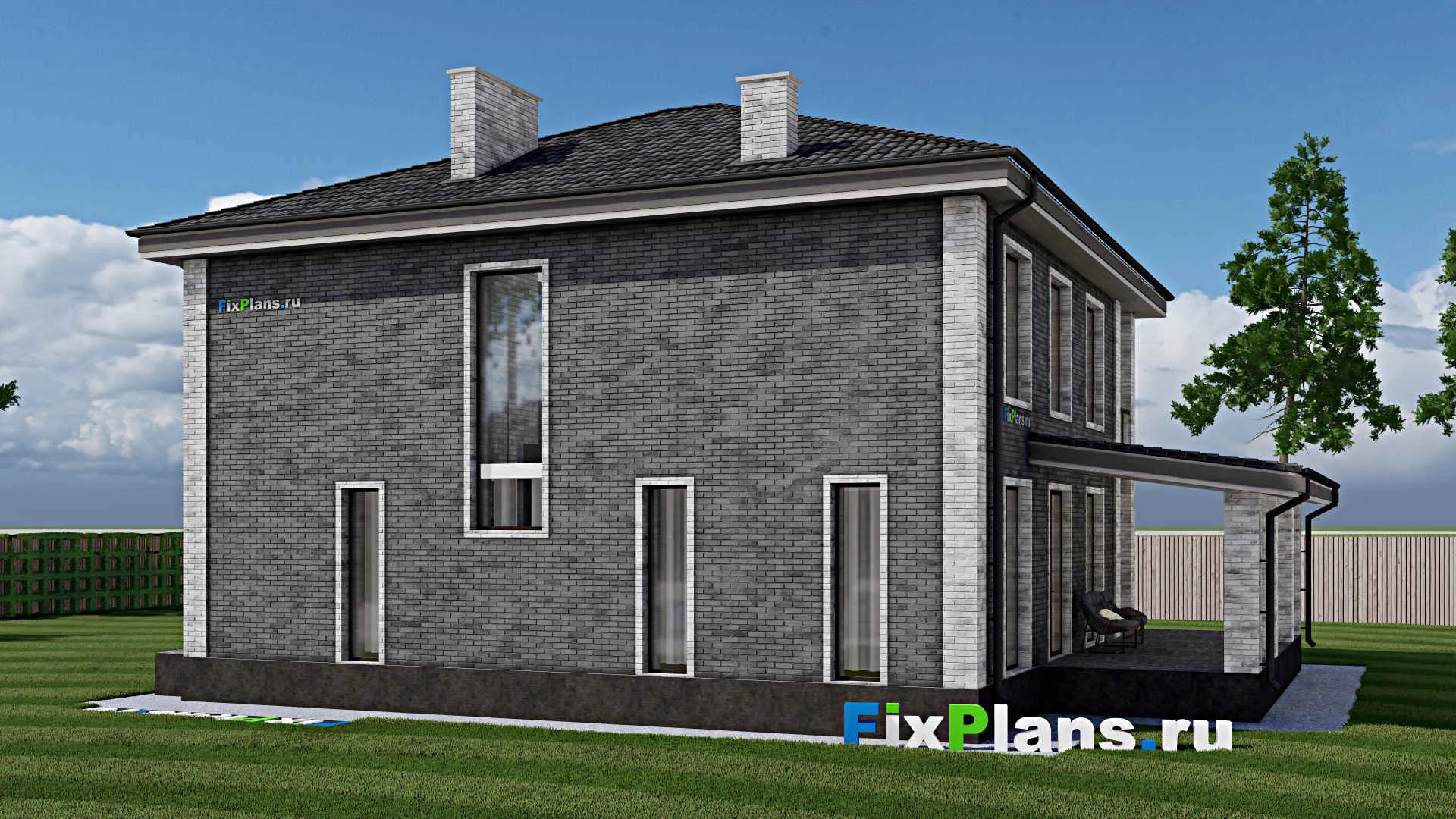 F-1646 - Проект двухэтажного дома 11 на 13, площадью 250 м² с террасой, балконом и 4 спальнями