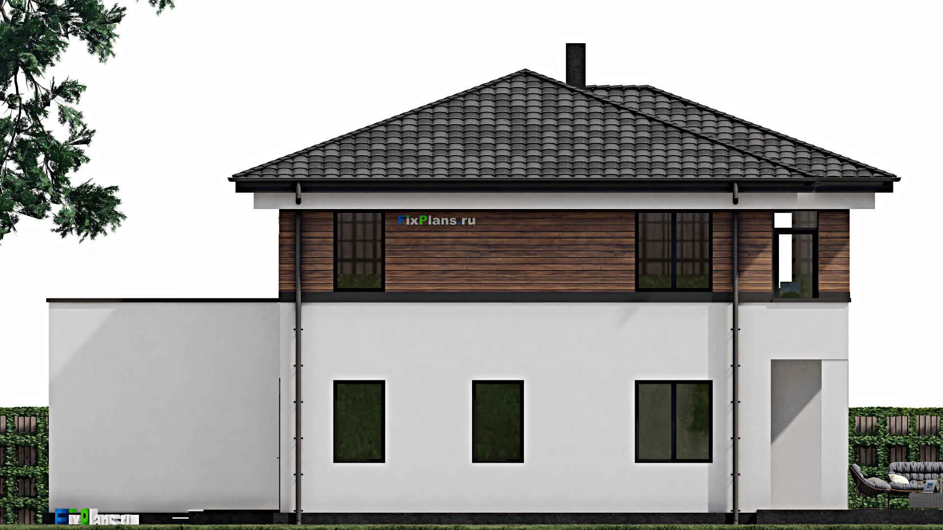 F-0764 - Проект двухэтажного дома 14 на 16, площадью 290 м² с террасой, балконом, гаражом на 2 машины и 2 спальнями