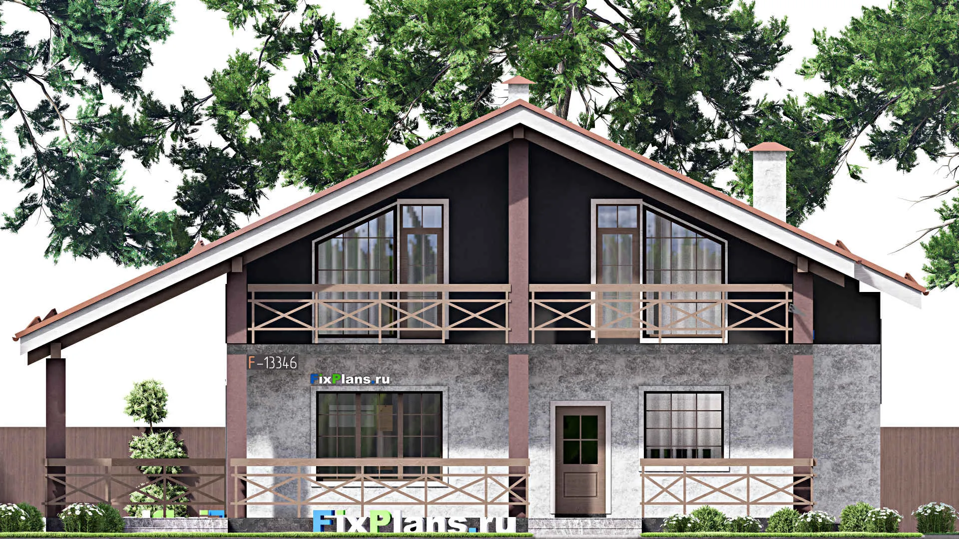 F-13346 - Планы дома с мансардой 13 на 17, площадью 260 м² с террасой, балконом и 4 спальнями