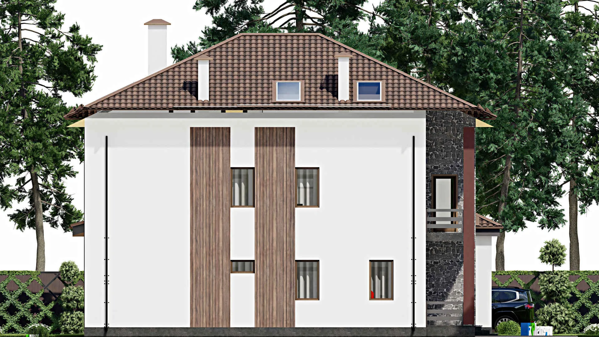 F-9944 - Проект двухэтажного дома 16 на 16, площадью 470 м² с террасой, балконом и 4 спальнями