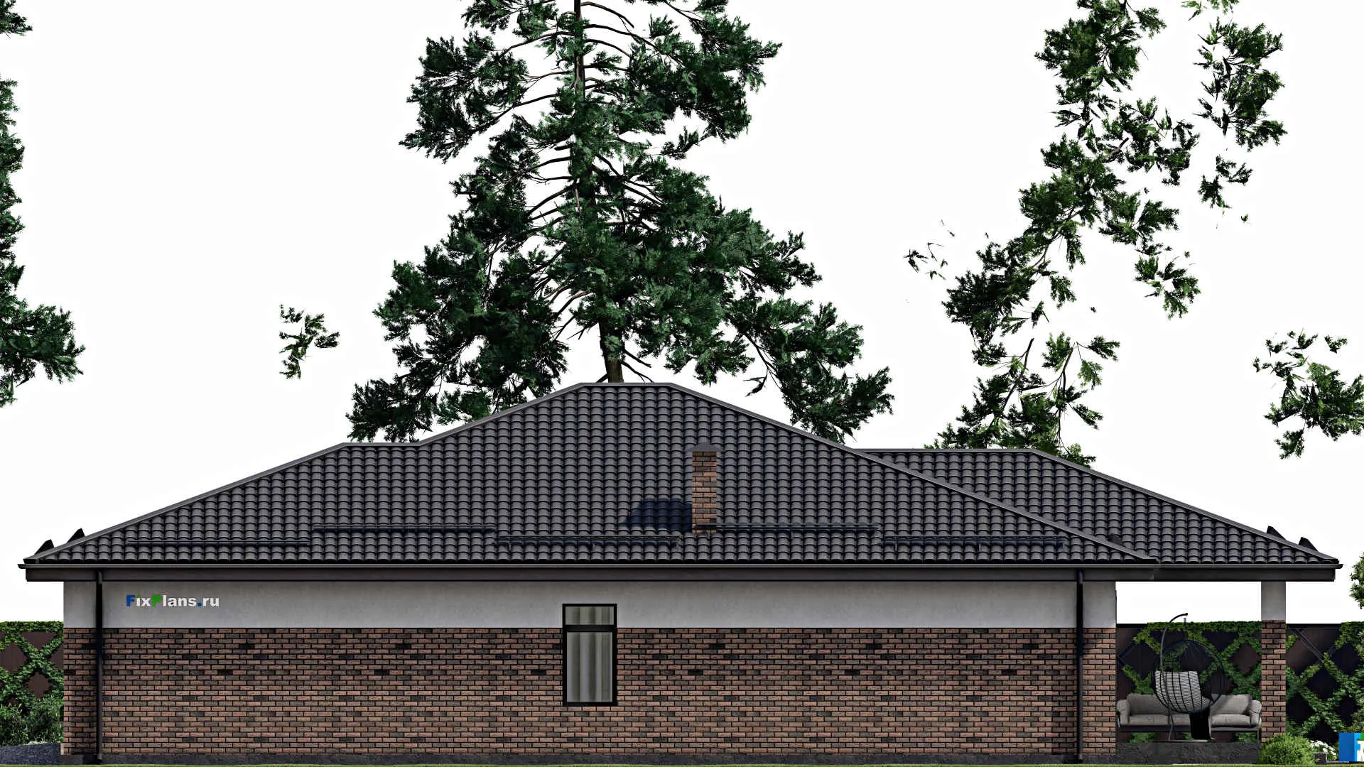 F-4310 - План одноэтажного дома 15 на 18, площадью 230 м² с террасой, баней, гаражом на 1 машину и 3 спальнями