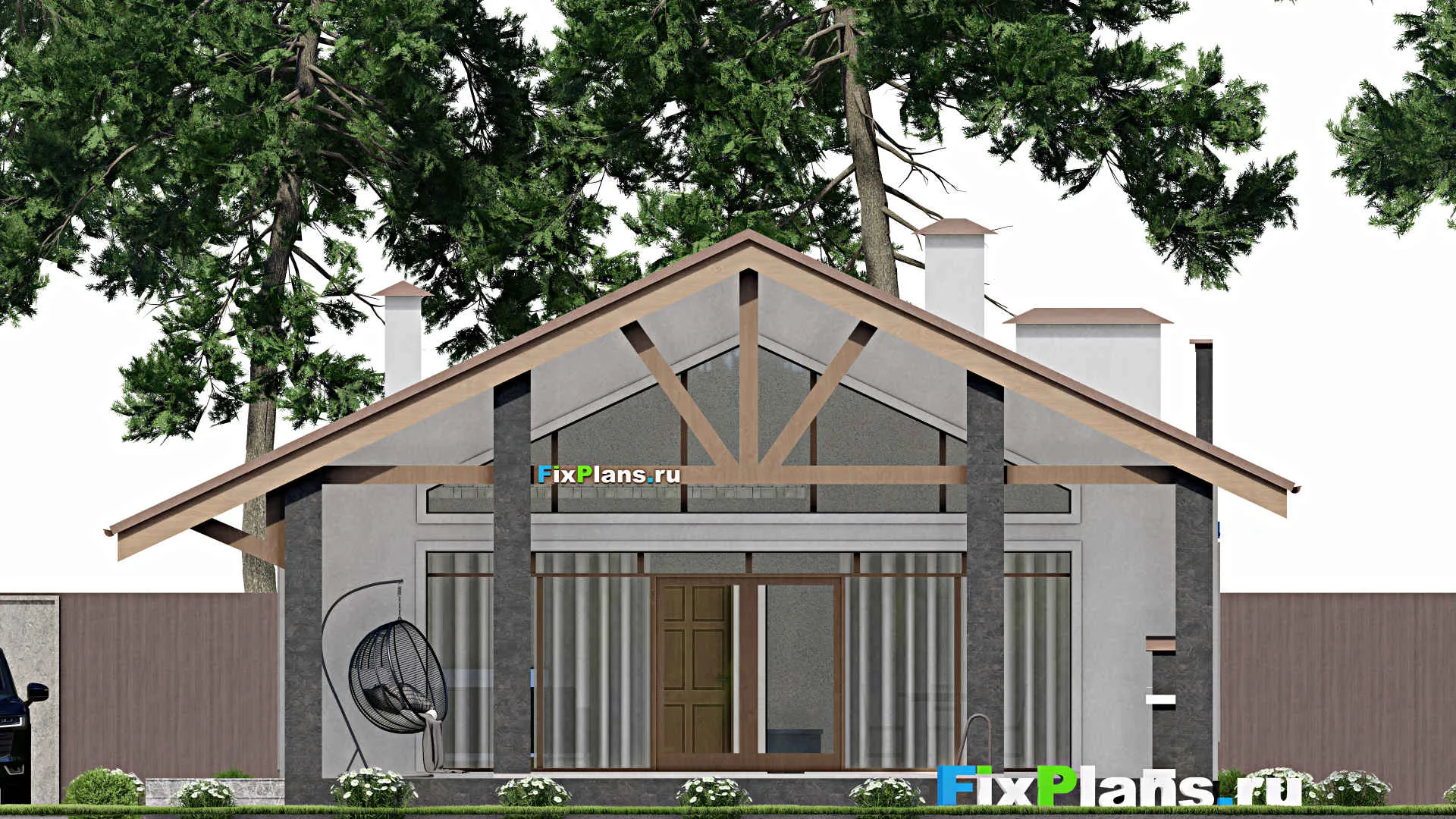 F-10187 - Проект одноэтажного дома 12 на 26, площадью 260 м² с террасой, баней и 2 спальнями