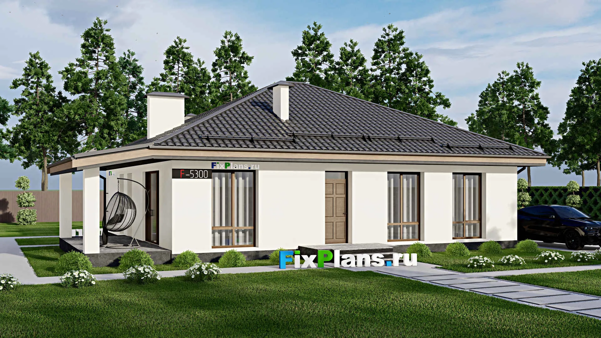 F-5300 - Проект одноэтажного дома 12 на 13, площадью 150 м² с террасой и 2 спальнями