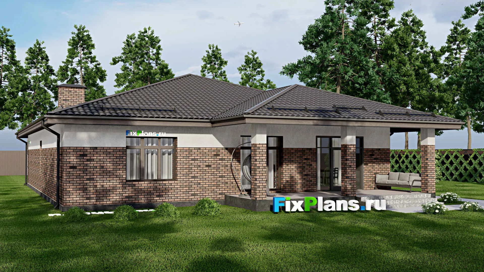 F-4310 - План одноэтажного дома 15 на 18, площадью 230 м² с террасой, баней, гаражом на 1 машину и 3 спальнями