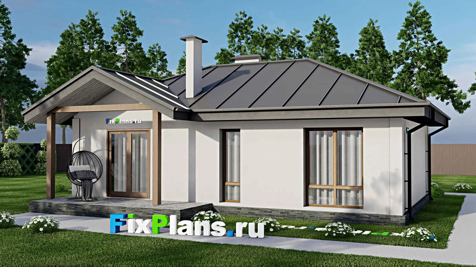 F-11564 - Проект одноэтажного дома 12 на 12, площадью 90 м² с террасой и 2 спальнями